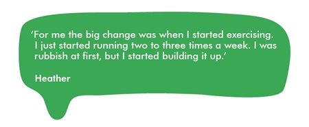 Quote from Heather: ‘For me the big change was when I started exercising. I just started running two to three times a week. I was rubbish at first, but I started building it up.’