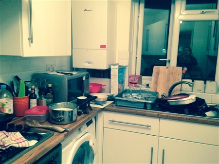 An image of Abi's messy kitchen after a night of baking
