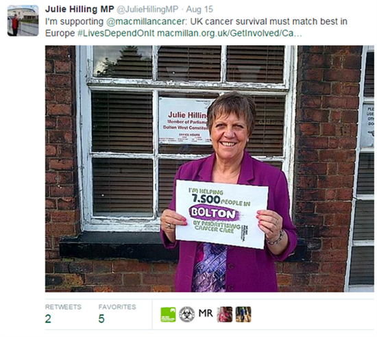 Julie Hilling MP tweeting her support for Macmillan
