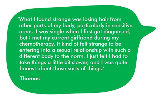 ‘What I found strange was losing hair from other parts of my body, particularly in sensitive areas. I was single when I first got diagnosed, but I met my current girlfriend during my chemotherapy. It kind of felt strange to be entering into a sexual relationship with such a different body to the norm. I just felt I had to take things a little bit slower, and I was quite honest about those sorts of things.’ 