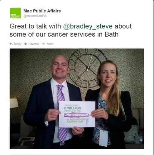 Steve Bradley, the Liberal Democrat candidate for Bath showing his support for people living with and beyond cancer