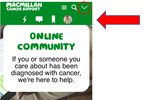 Screenshot of the Community on a mobile with the white down arrow circled in red.