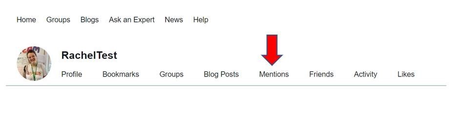  Screenshot of a Community profile, with a red arrow pointing to the mentions tab.