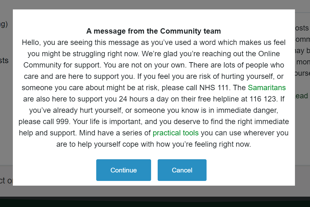 Screenshot of the pop up safeguarding message called 'A message from the Community team'.