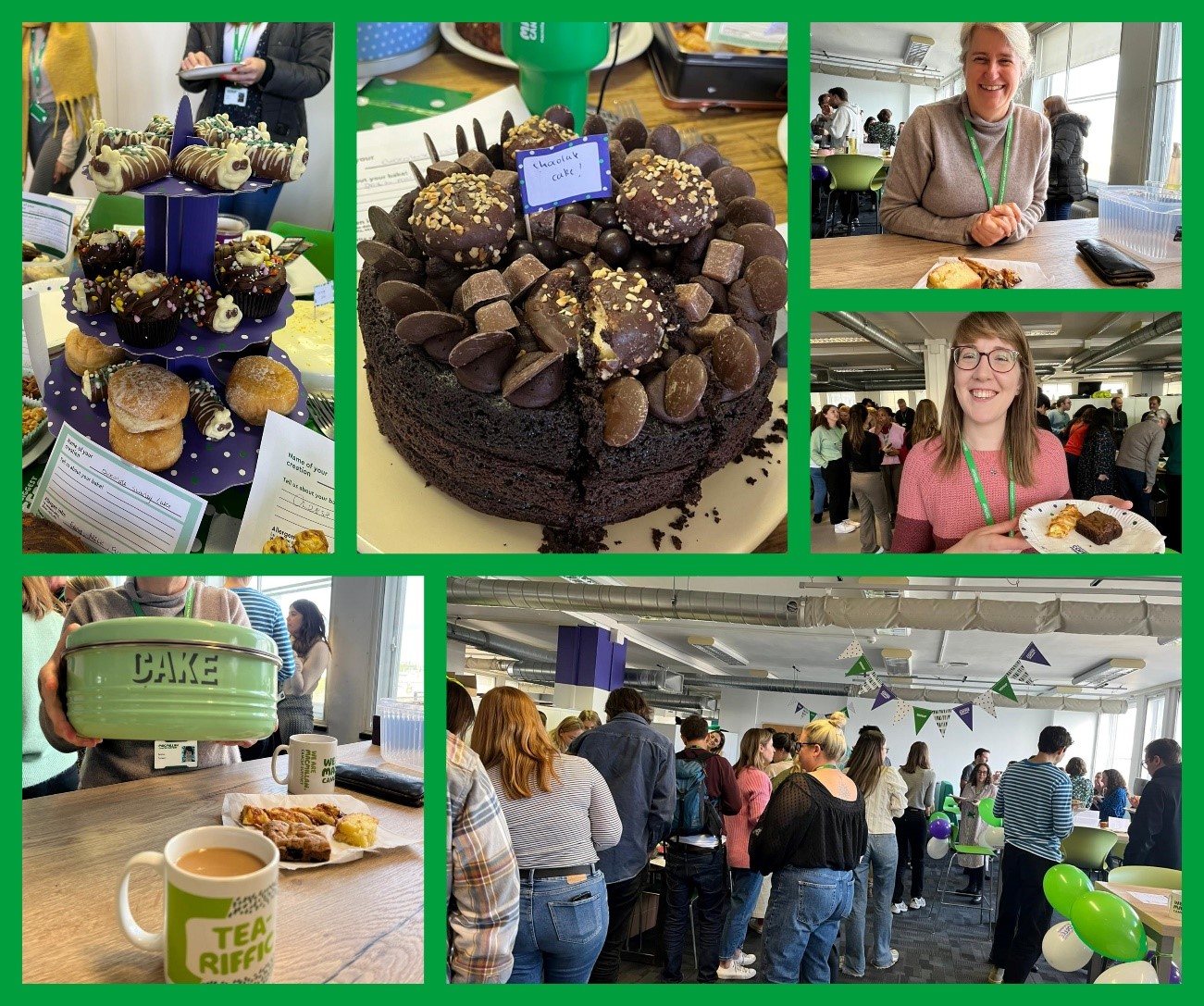 A collage of pictures from our office coffee morning in London - showing cakes on a tiered tray, a chocolate cake, two members of the cancer information team, a cake tin, and a group of Macmillan Cancer Support staff waiting in line for treats under Coffee Morning bunting.