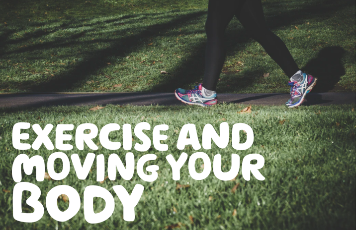 The words 'Exercise and moving your body' written in white over a picture of a person running and grass in the background