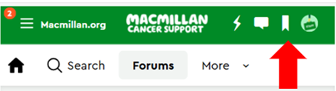 Online Community navigation bar with a red arrow pointing to the bookmark icon