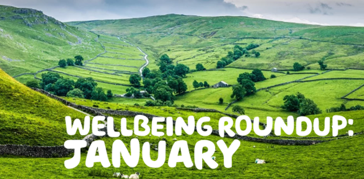 “Wellbeing Roundup: January” written in white on a green image of rolling English hills.
