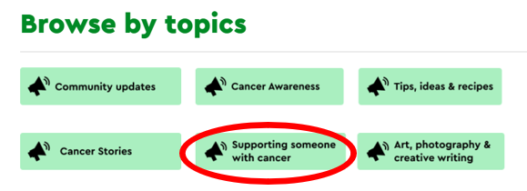 browse by topics with a red circle around the supporting someone with cancer section