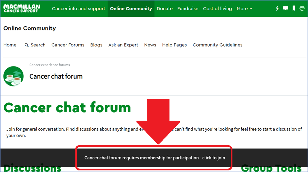 The Cancer chat forum group first page with the 'Join group' banner highlighted.