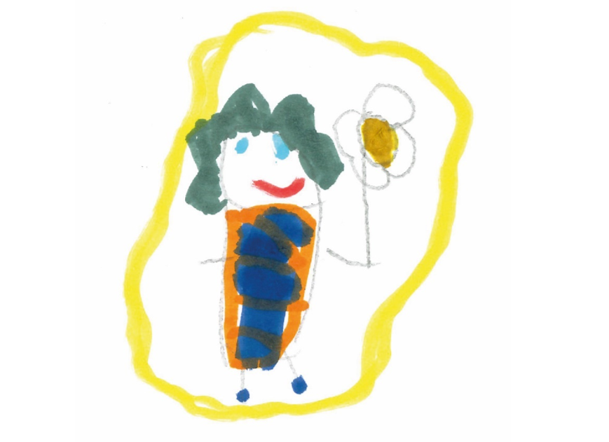E's drawing of her grandmother holding a flower and surrounded by yellow light