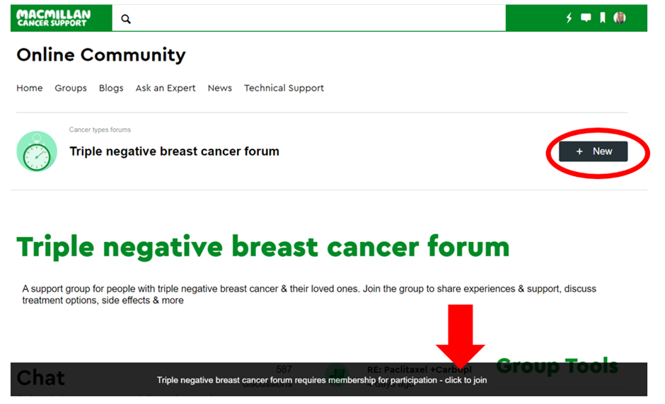 Triple negative breast cancer forum page with red circle around the +new button
