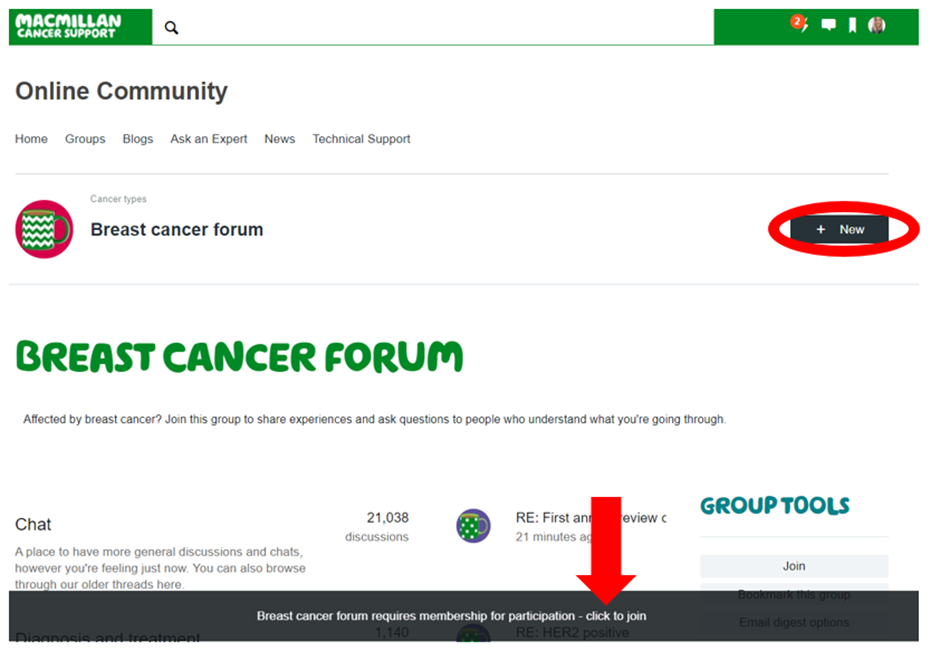 Breast cancer forum page with red circle around the +new button