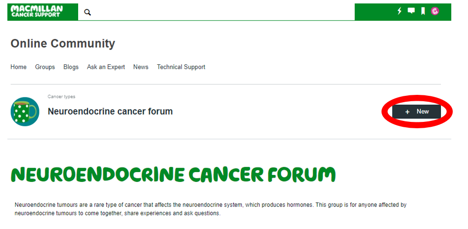 Neuroendocrine cancer forum page with a red circle around the +new button