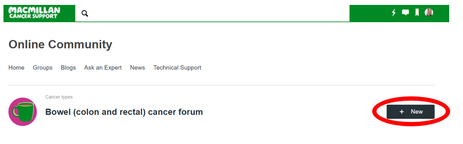 Bowel (colon and rectal) cancer forum page with red circle around the +new button