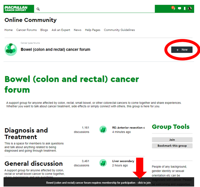 Bowel cancer forum page with red arrow to the join button and red circle to the + button