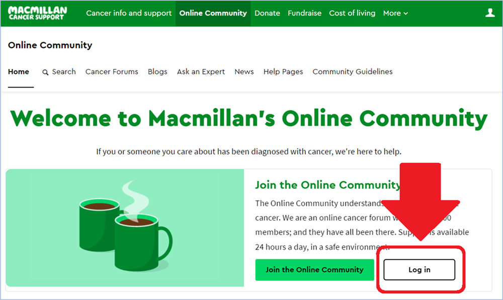The Online Community home page with the login button highlighted