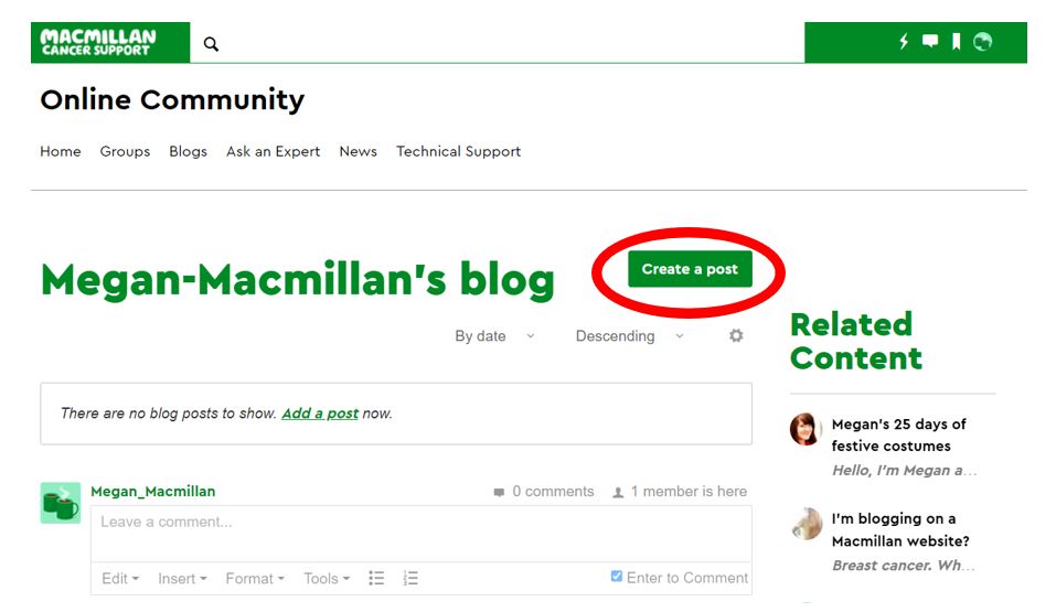 Create a blog post page with a red circle around the create a post button