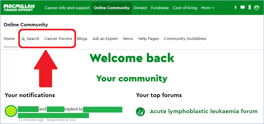 Online Community home page with the 'Search' and 'Cancer Forums' navigation links highlighted