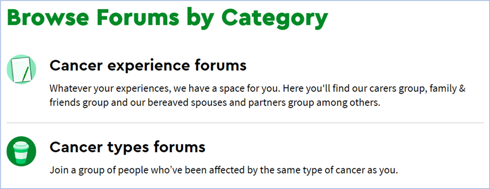The Browse Forums by Category section showing the 'Cancer experience forums' and 'Cancer types forums' main sections.
