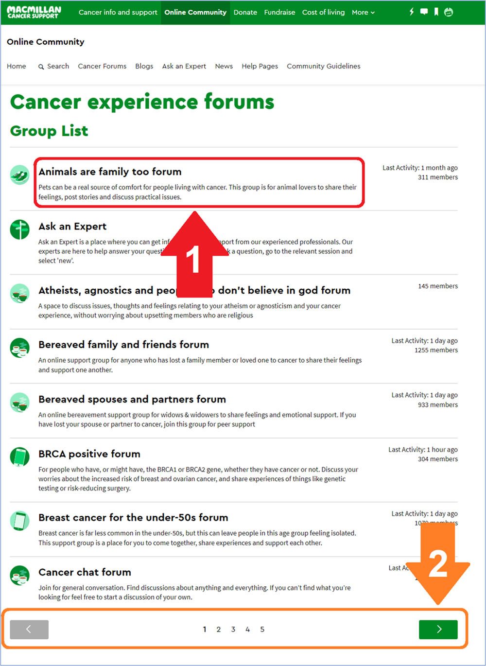 The Cancer experience forums Group List with various forum group titles and navigation buttons highlighted