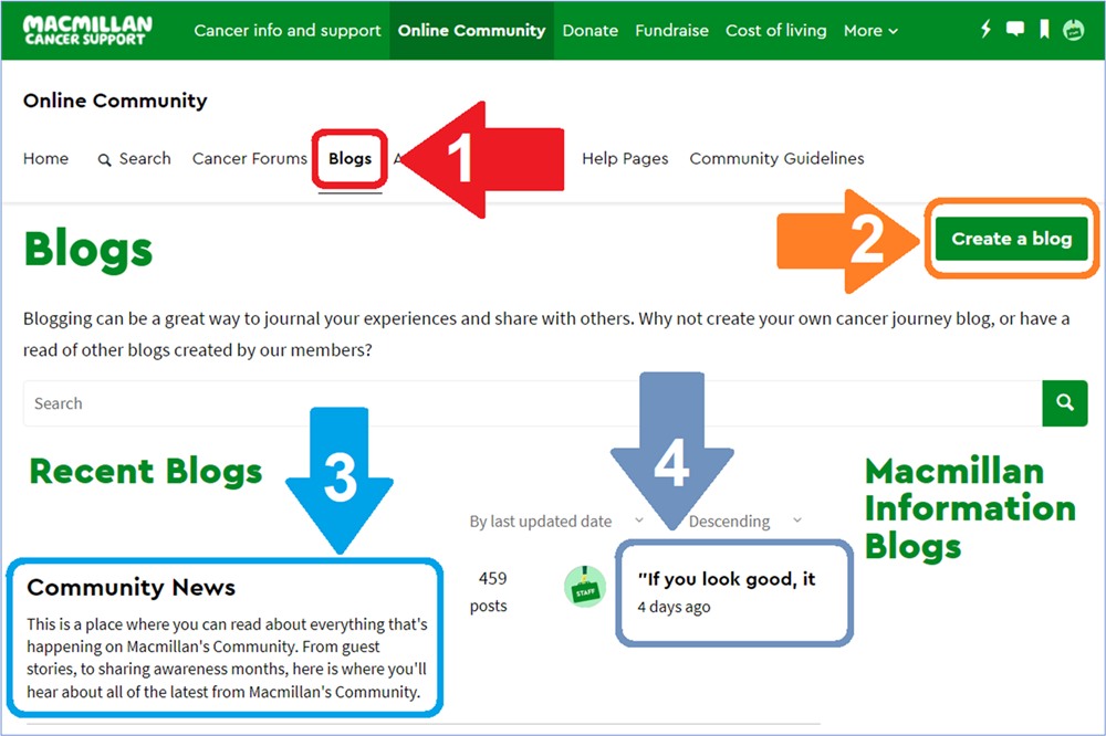 The Blogs module home page with the Blogs navigation heading, 'Create blog' button, 'Recent blogs' areas highlighted.
