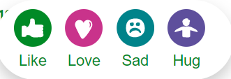 Reaction icons, green like, pink love, blue sad and purple hug