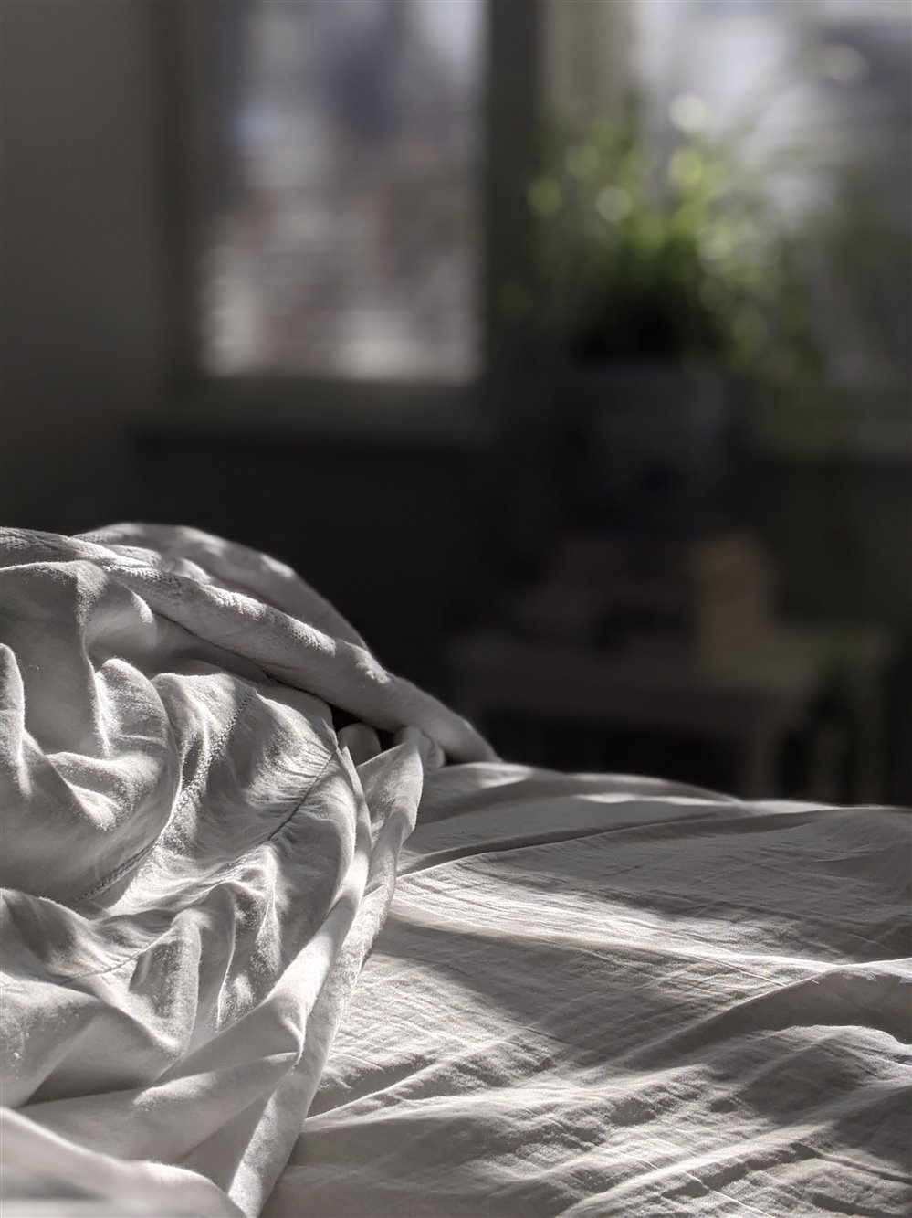 A photograph of an unmade bed, with light coming through blinds