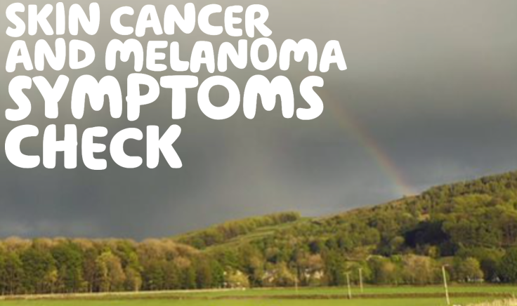 The words 'skin cancer and melanoma symptom check written in white on an image of a grey cloud over a hill with green trees and a faint rainbow in the sky.