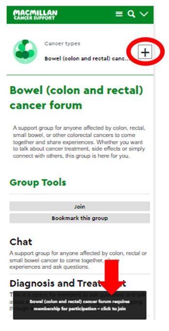 Bowel (colon and rectal) cancer forum page with red circle around the +new button