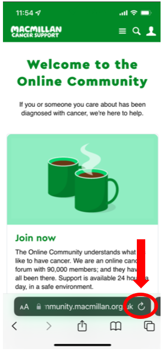 Online Community homepage with a red arrow and circle highlighting the refresh button near the URL