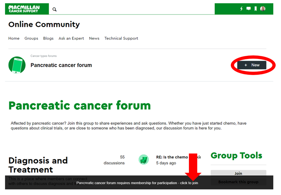 Pancreatic cancer forum with a red circle around the +new button and an arrow pointing to the join button