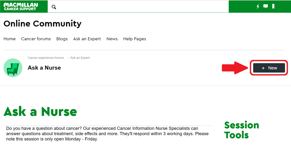 The Ask a Nurse forum with a red arrow pointing to the New Post button near the top of the page