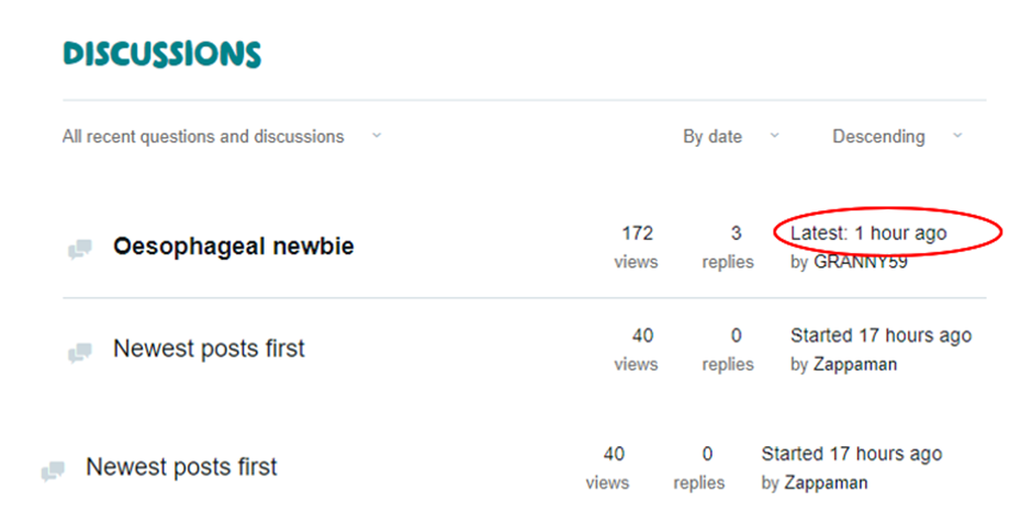 Discussion list, desktop view