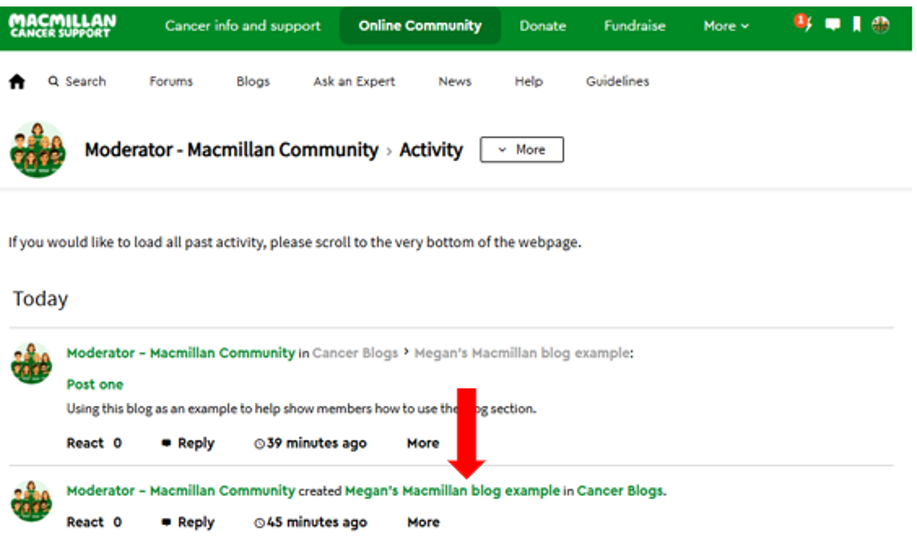 Profile activity page with a red arrow pointing to the blog title link