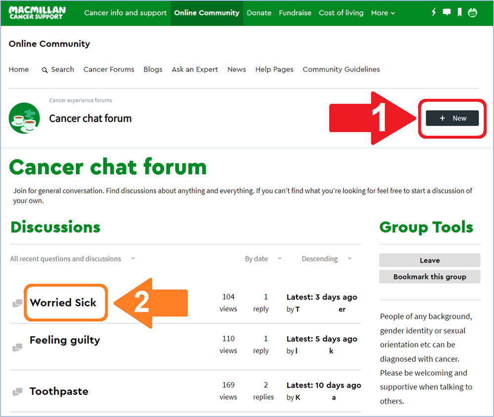 The Cancer chat forum with the 'New Post' button and the 'Discussions' area highlighted.