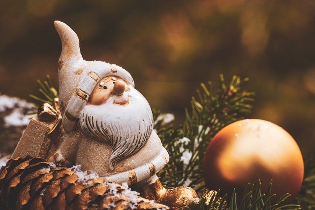 Assorted Christmas decorations, mostly gold with some green in the background