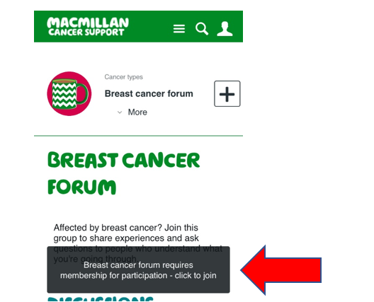 Screenshot of the breast cancer group page showing the black 'join group' banner.