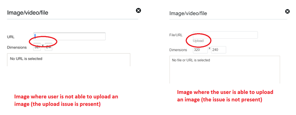 Image of the upload an image screen. Image on the left has no 'upload' option. Image on the right has an 'upload' option.