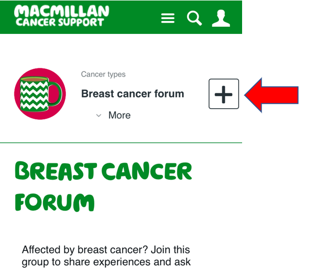 Screenshot of the breast cancer group page showing the 'plus' button. 