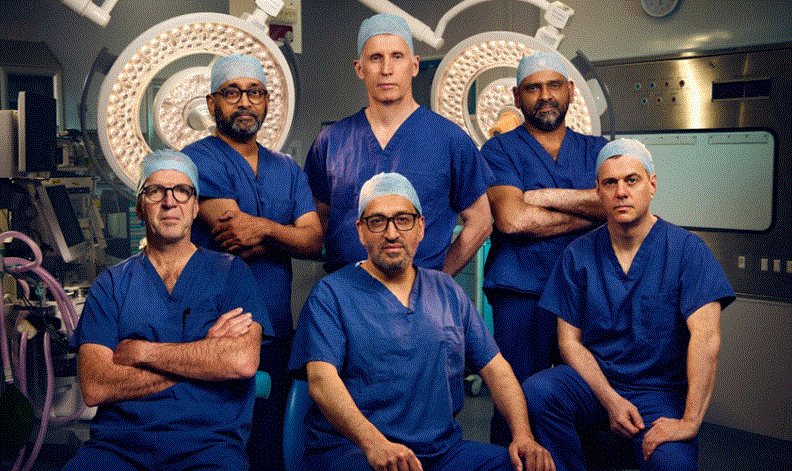 Six Surgeons wearing blue scrubs