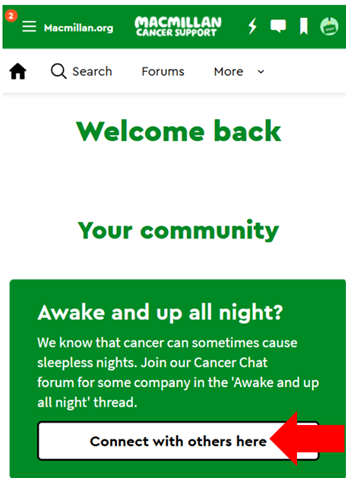 Online Community homepage with a red arrow pointing to the Awake and up all night button