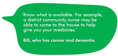 A speech bubble containing a quote from Bill, who has cancer and dementia. The quote reads 'Know what is available. For example, a district community nurse may be able to come to the house to help give you your medicines