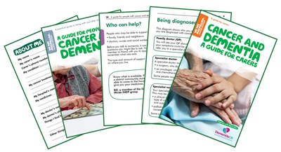 an image showing the covers of Macmillan's booklets about dementia and cancer