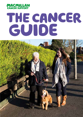 The words 'the cancer guide' written in purple on top of an image of two people walking a dog. 