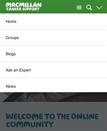 A menu of options under the burger menu. Home, groups, blogs, Ask an Expert, News