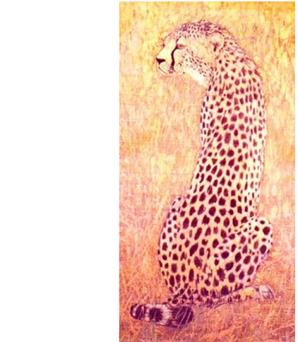  A painting of a cheetah looking back at the camera, surrounded by pale yellow grass