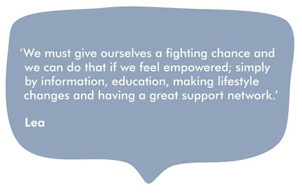 A quote reading We must give ourselves a fighting chance and we can do that if we feel empowered; simply by information, education, making lifestyle changes and having a great support network.