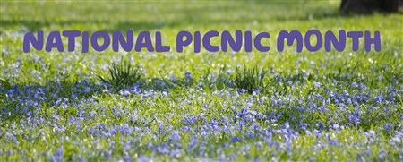 a photograph showing a grassy area covered with bluebells. The text on top of the photo says 'National Picnic Month'