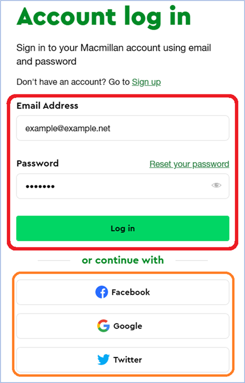 Online Community account login box with the two login types highlighted